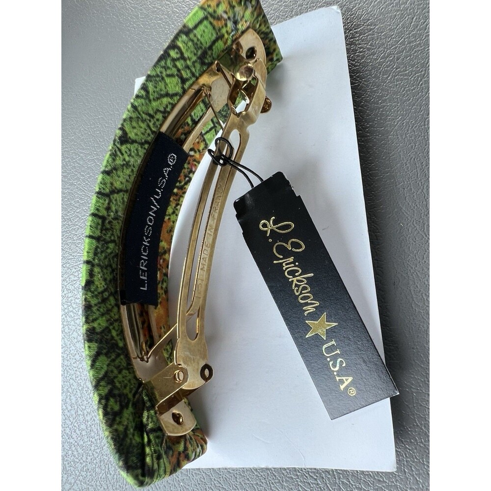 L. Erickson Made in France Green Snakeskin Print French Barrette Hair Clip NWT